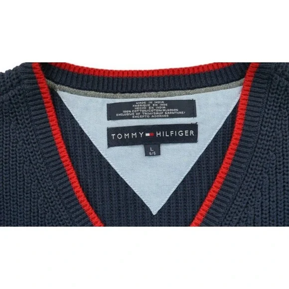 Vintage 90s‎ Tommy Hilfiger Sweater VestMen's Size L Ribbed KnitBlue V- Neck